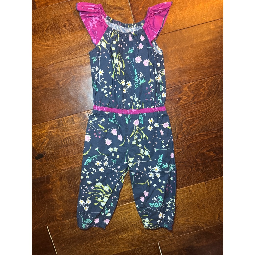 Cheeky Plum Girls Navy Floral Jumpsuit Magenta Flutter Sleeve Wildflower Print
